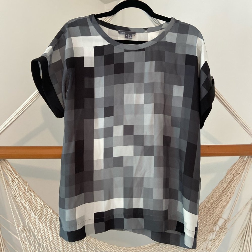 Vince Gray Black White Pixel-Print Silk Blouse